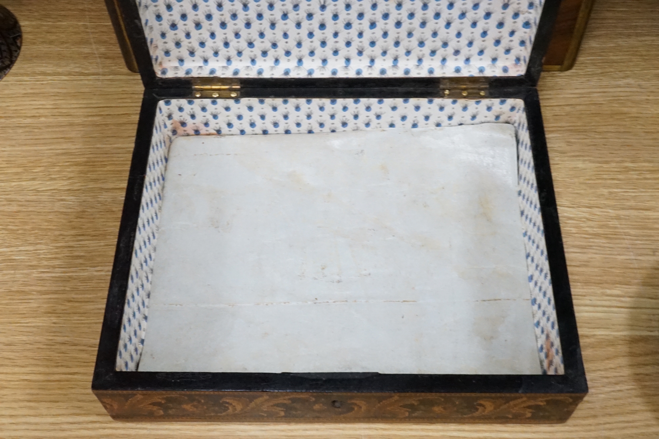 A walnu brass bound writing slope, an octagonal inlaid tea caddy and a Tunbridgeware box, 26cm wide, 22cm deep